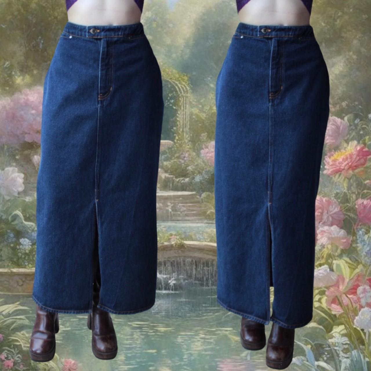 Vintage denim maxi skirt 🥀 1990s dark blue navy high... - Depop