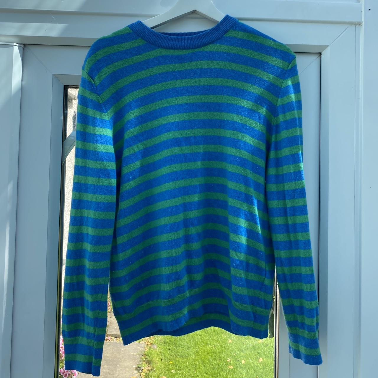 zara striped blue and green knitted jumper so soft,... Depop