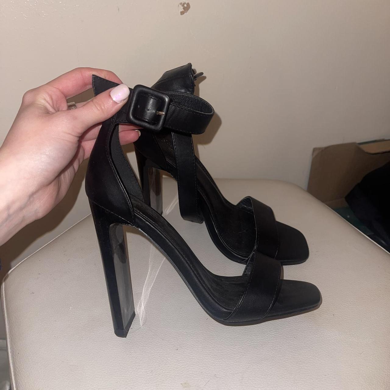 Black strappy heels with square toe size 4 worn once - Depop