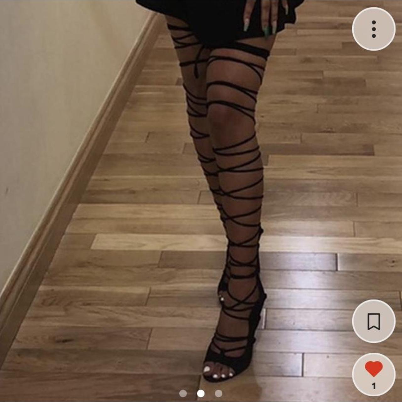 Strappy thigh high sale lace up heels