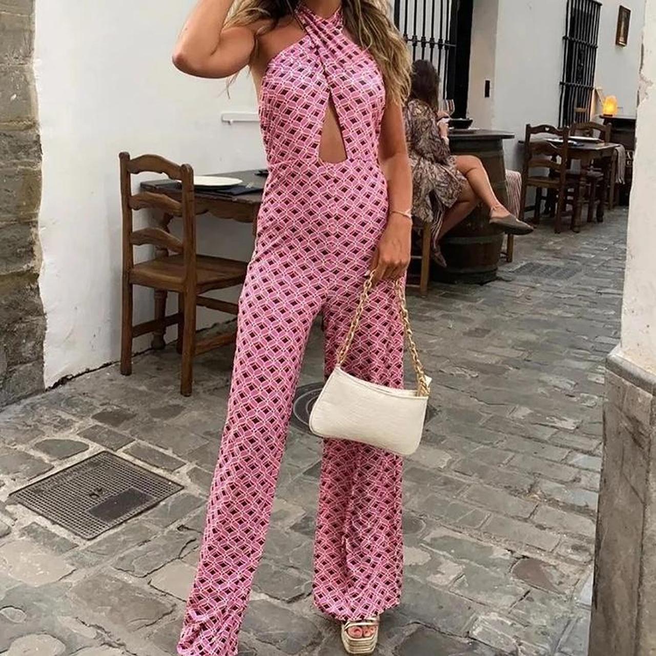 Bershka brand new pink pattern halter jumpsuit Size. Depop