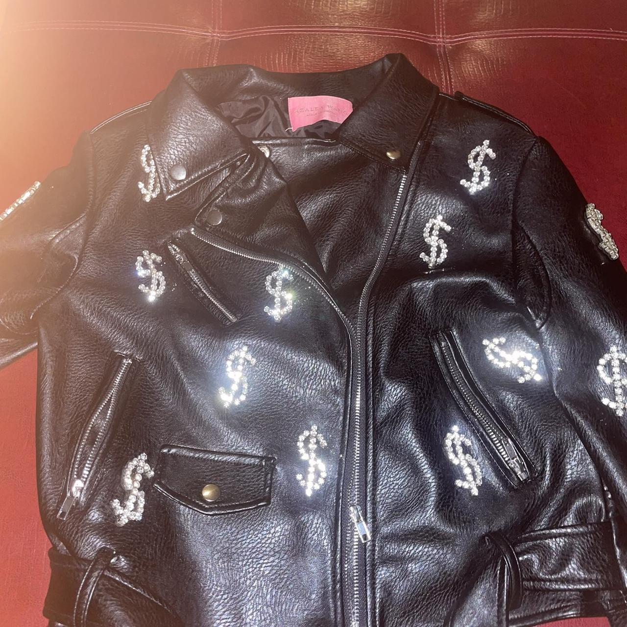 2000s rhinestone leather jacket in black and silver | Depop