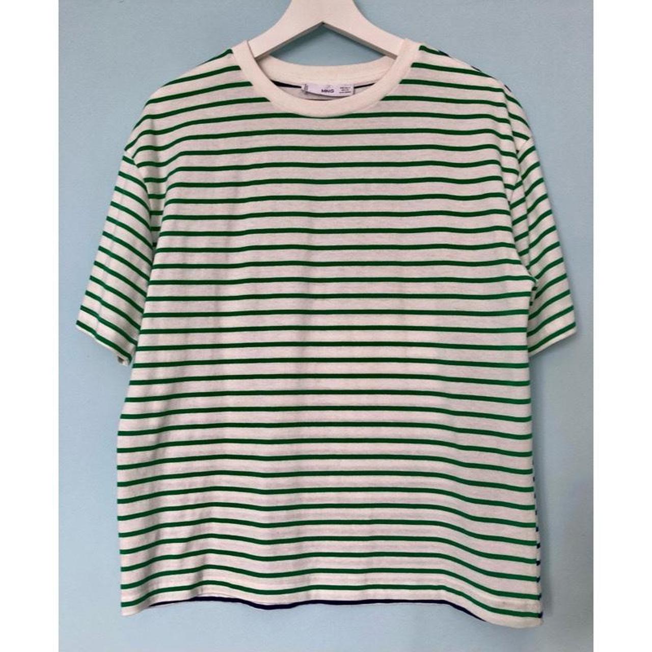 Mango Striped Boxy Cotton T-Shirt👕 Green & White... - Depop