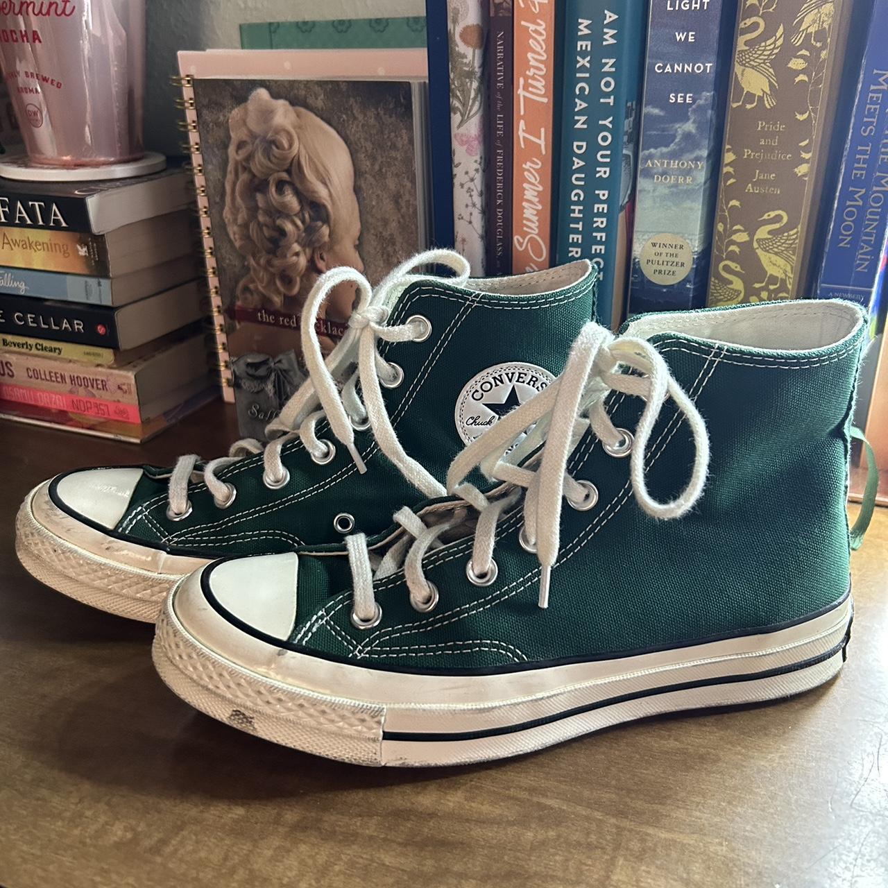 Dark Green converse size 7.5 women high tops used. Depop