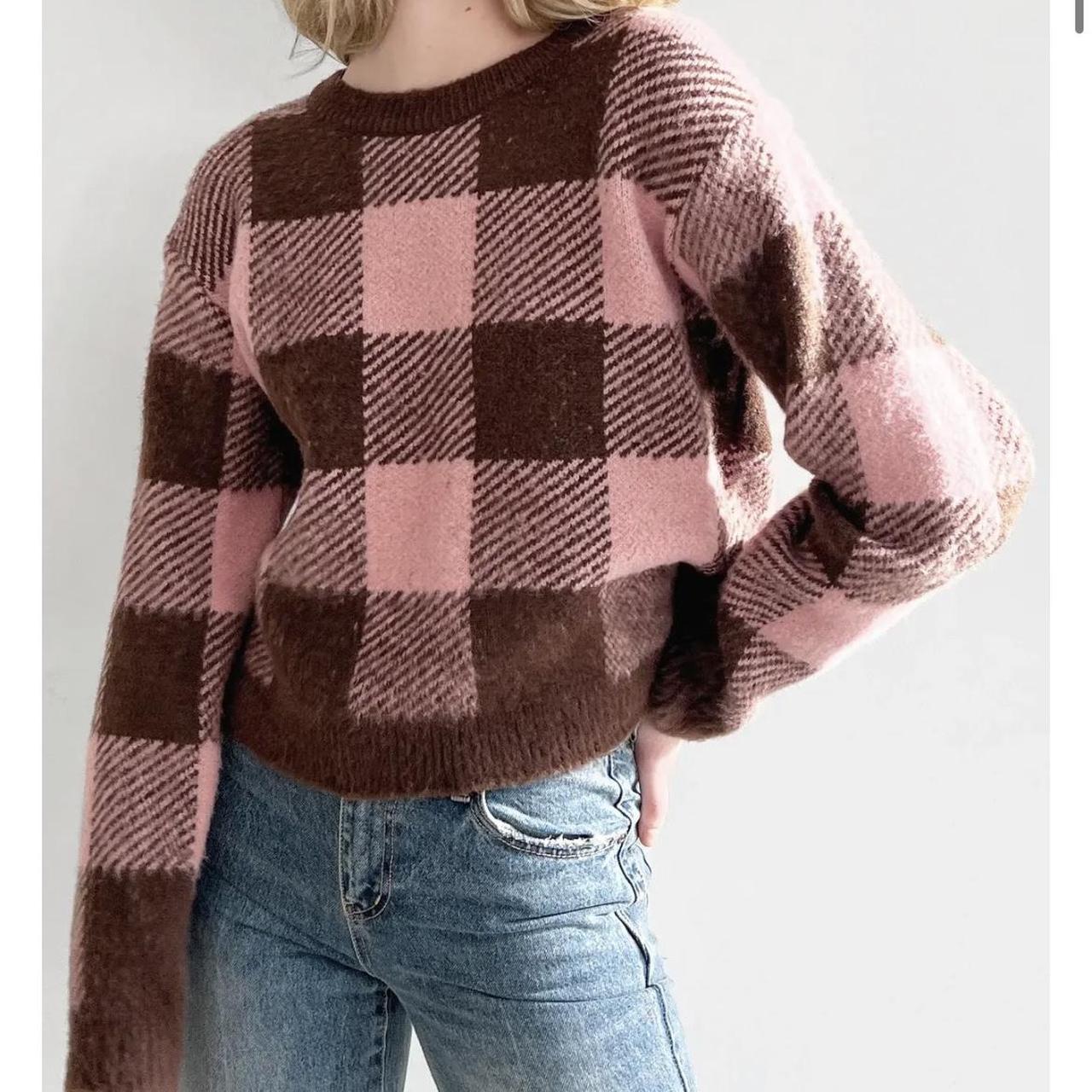 Oak Fort pink and brown checkered sweater Depop