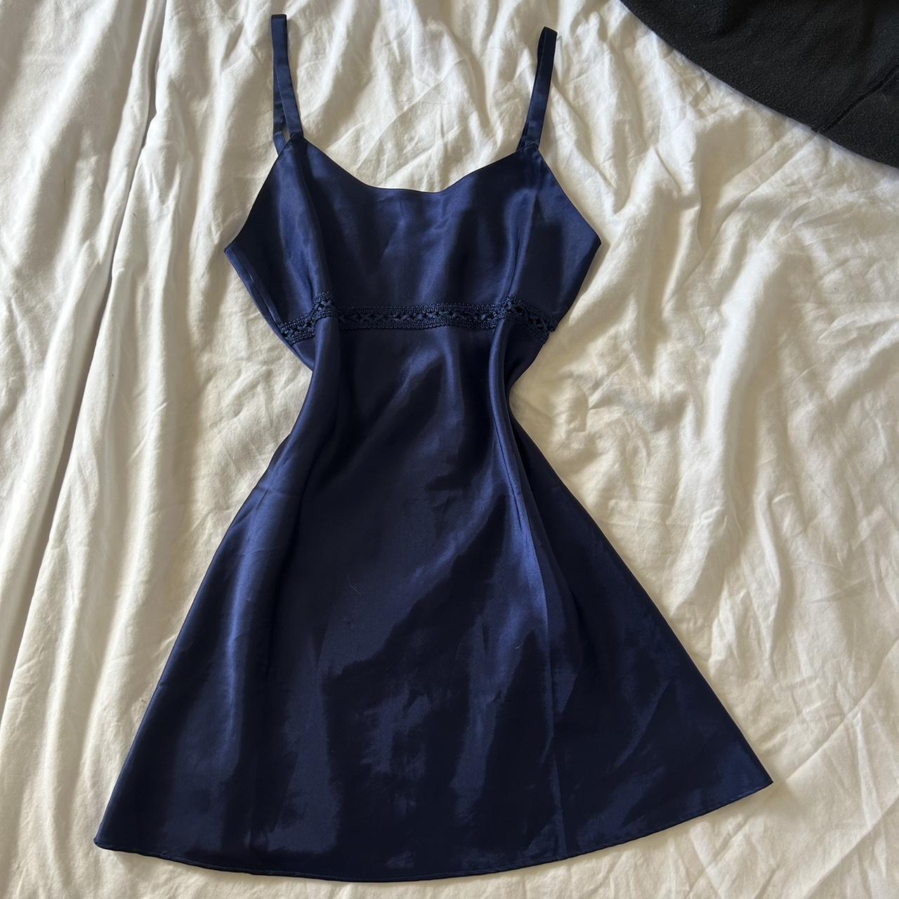 Vintage Navy Satin slip dress No tag Lace cutout... - Depop