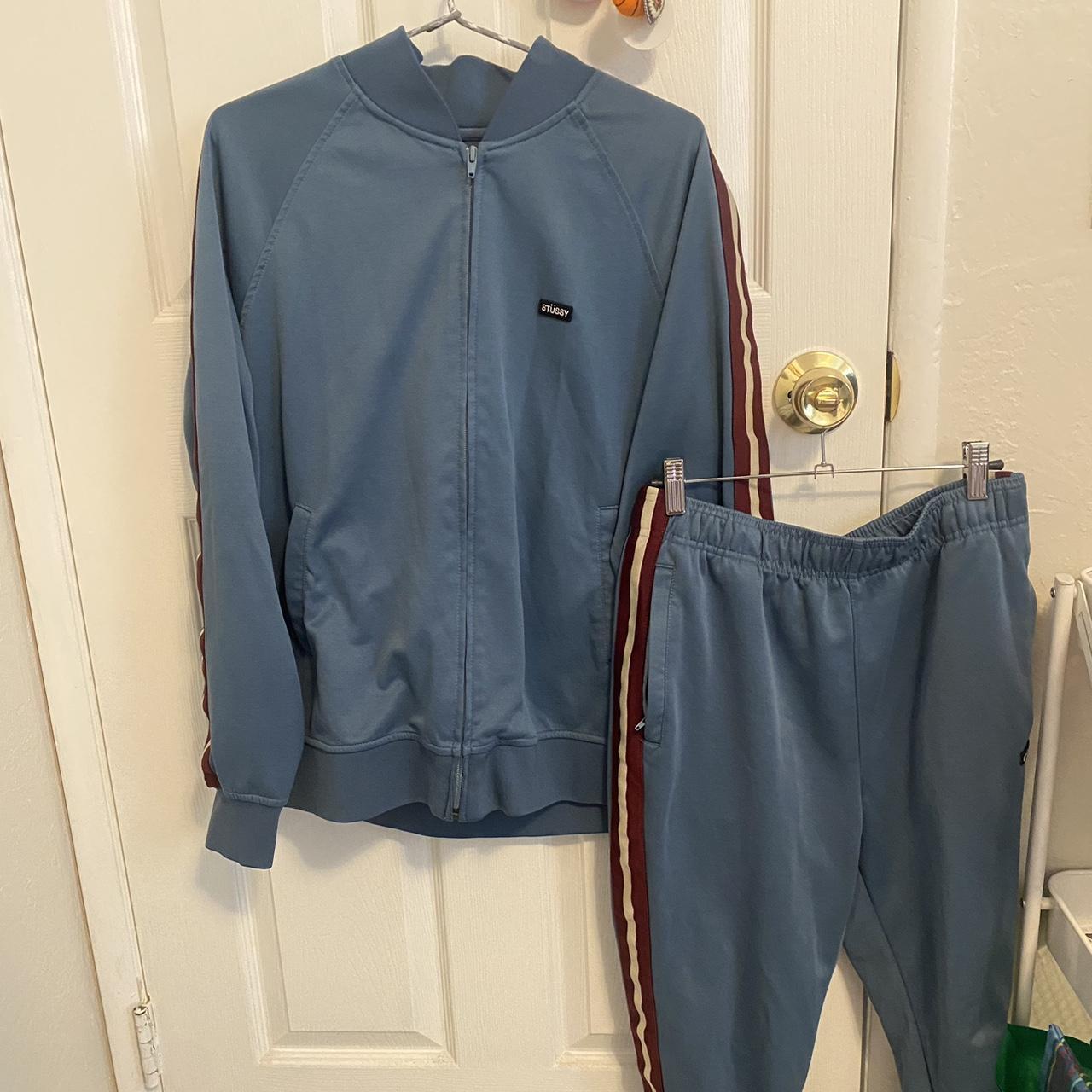 blue stussy tracksuit with burgundy maroon white... - Depop