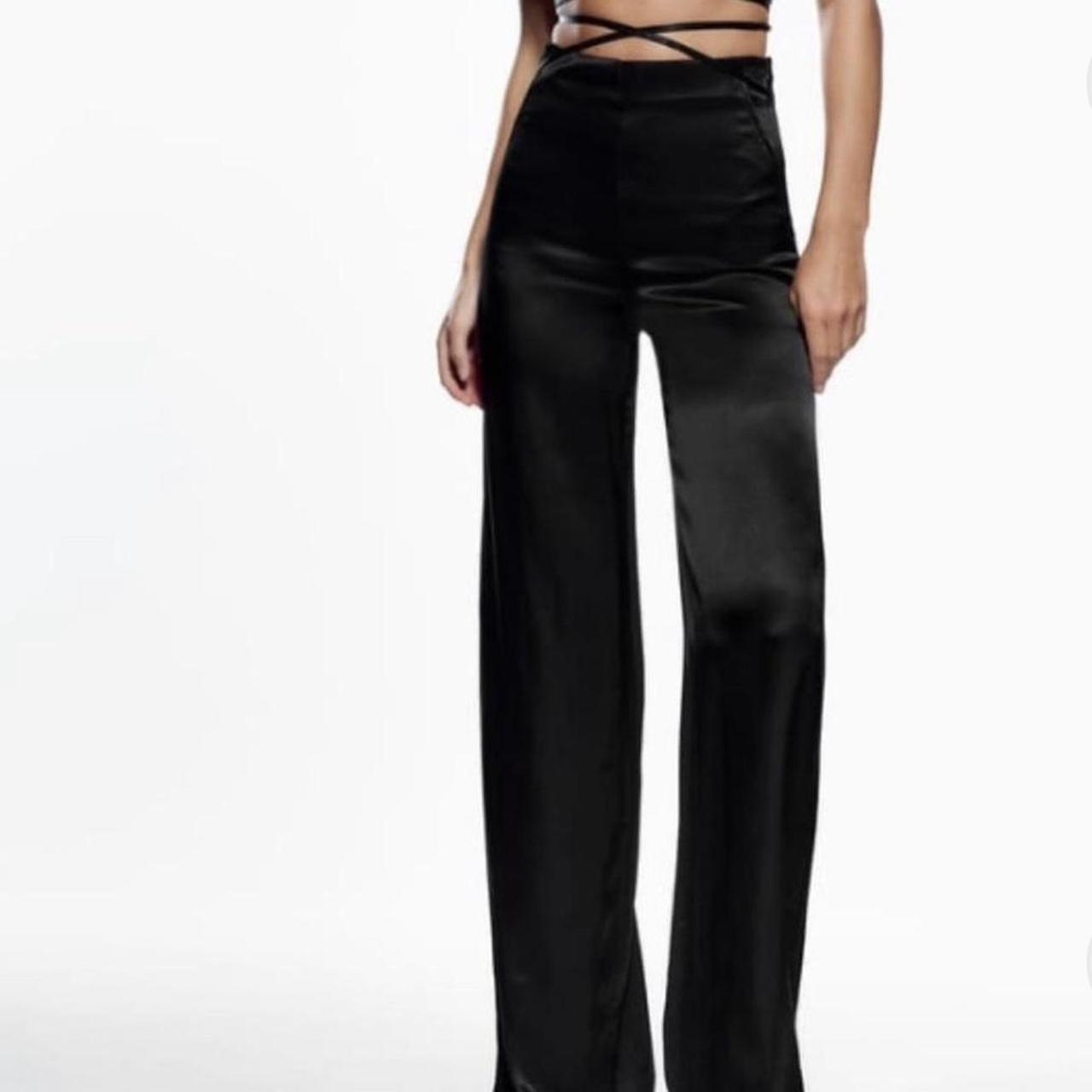 Black satin wide leg zara pants with waist tie