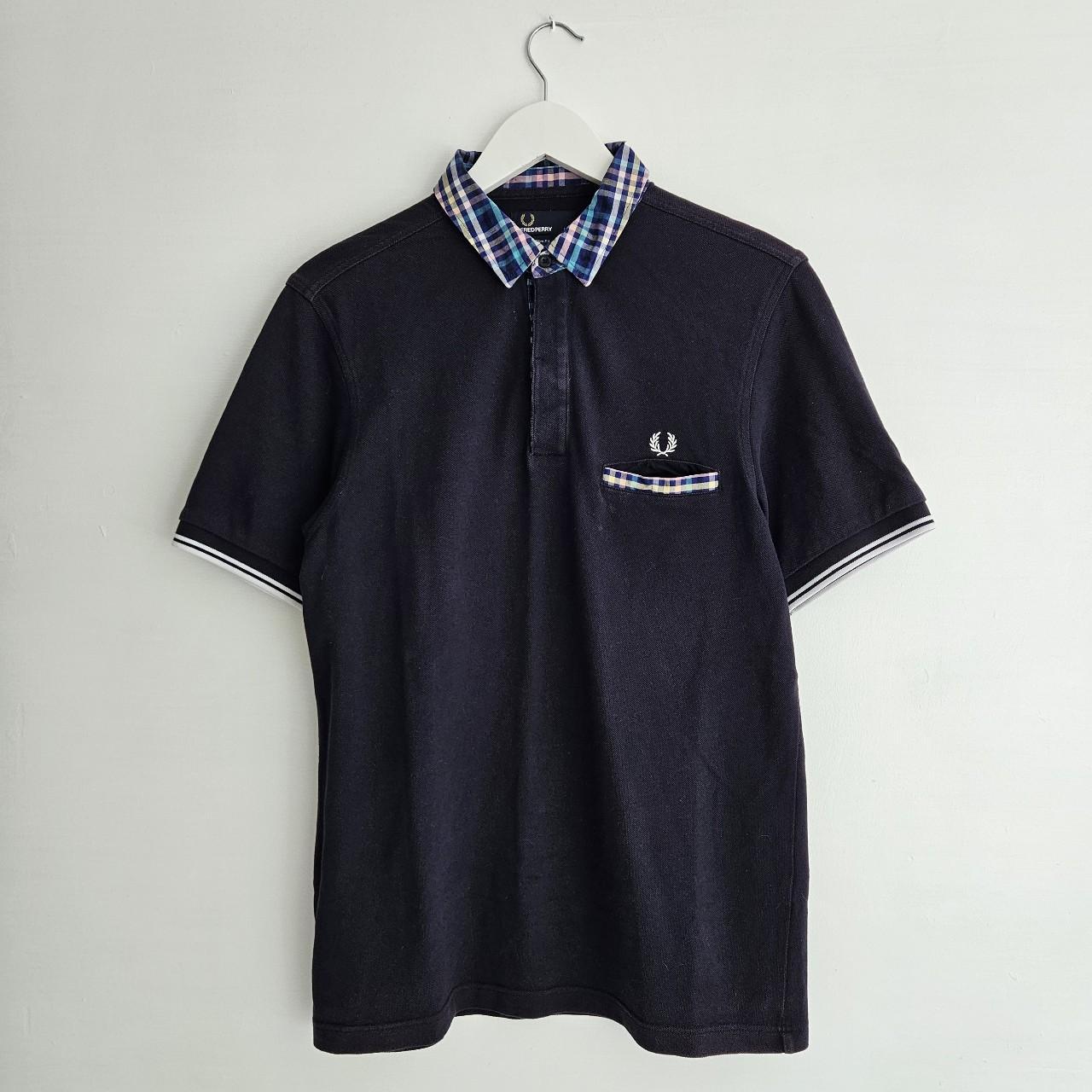 Fred Perry check collar polo shirt in navy Slim fit. Depop