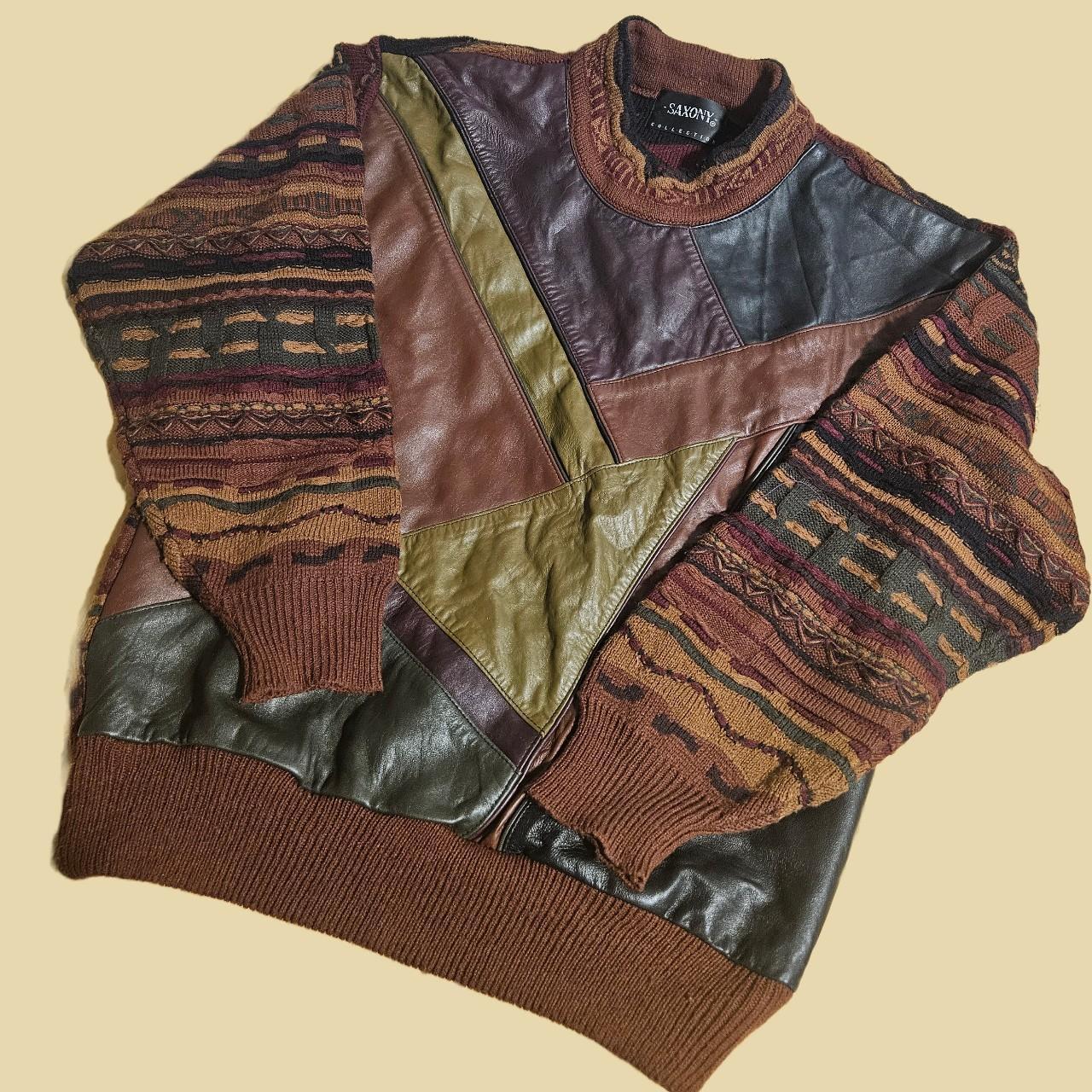 RARE Vintage Saxony Collection Mens Leather Sweater... - Depop
