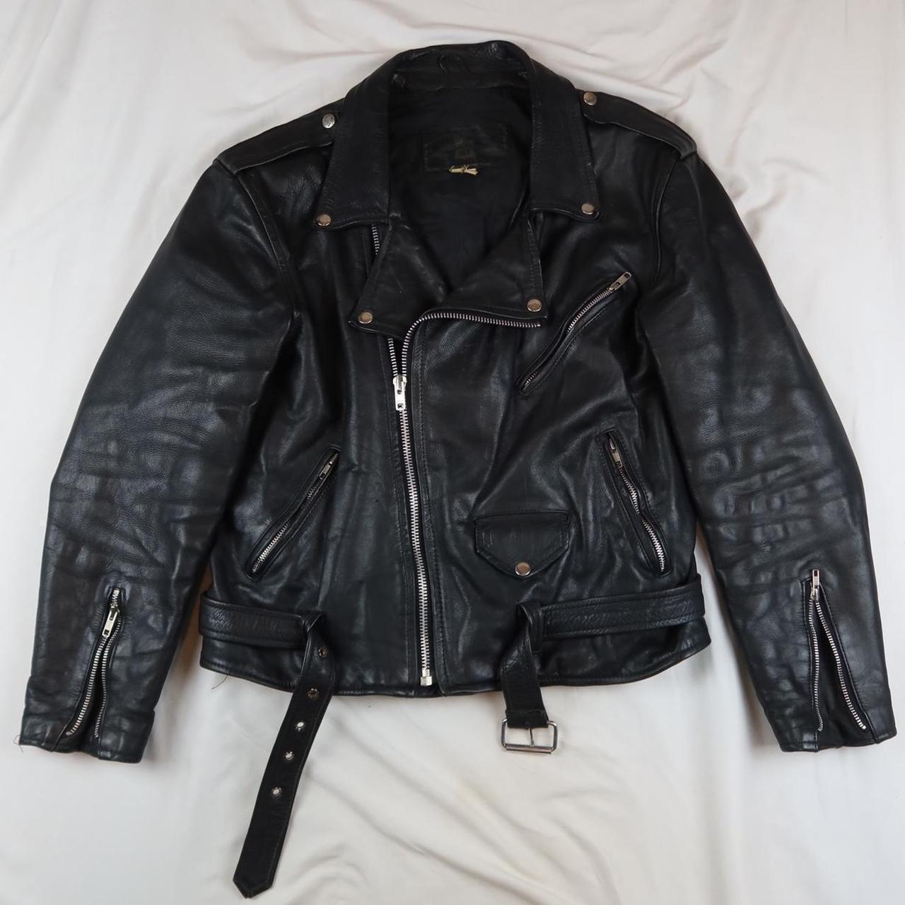 Vintage leather jacket black preowned super heavy... - Depop