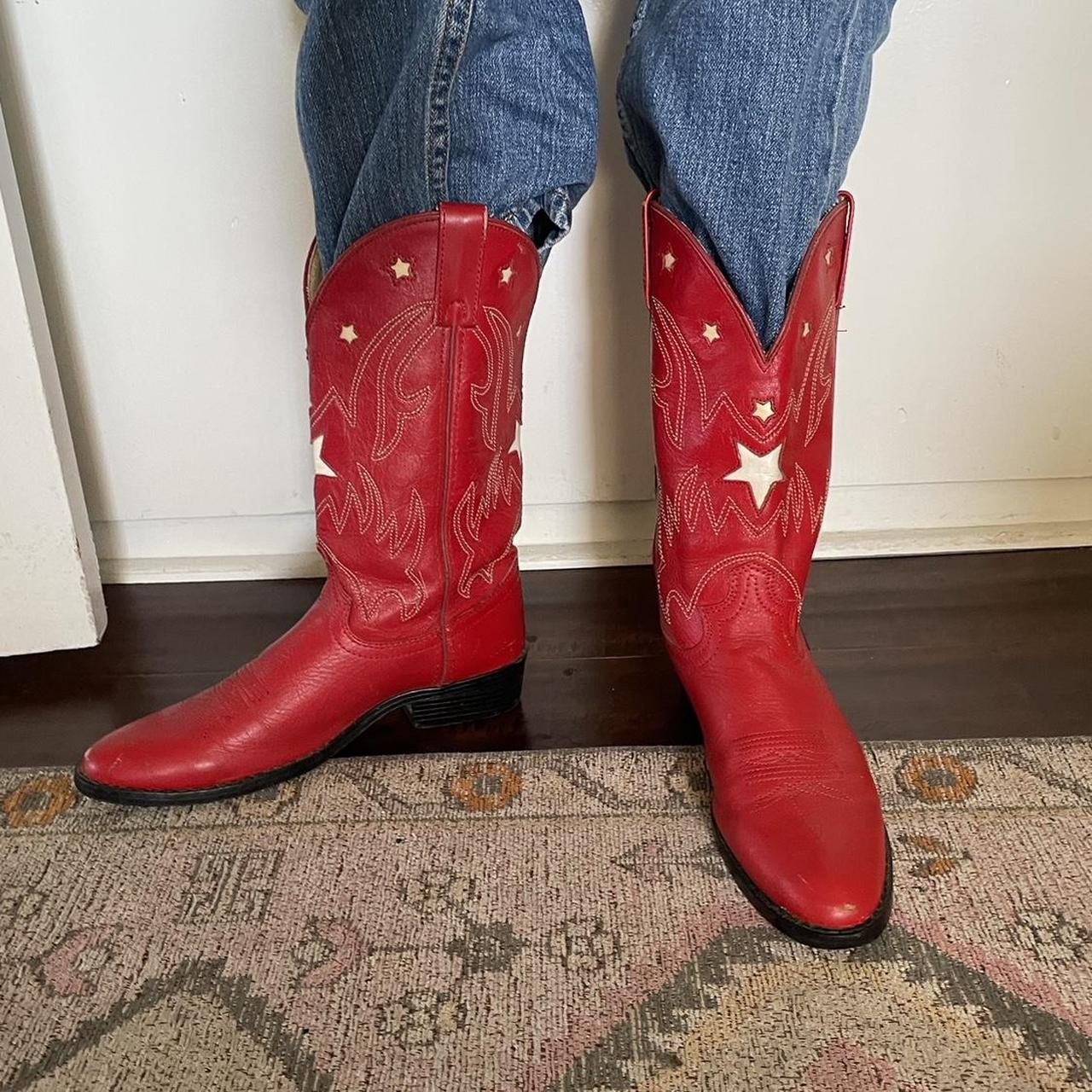 Vintage Justin Red Cowboy Boots With Star Details Depop