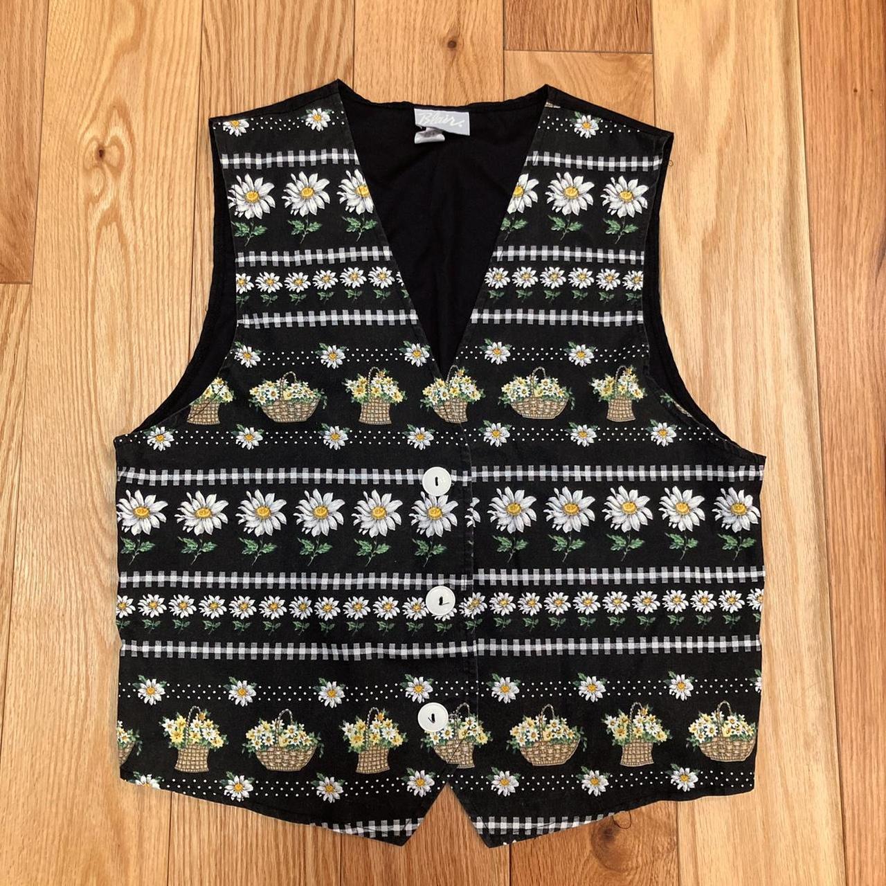 Black vintage vest with daisy pattern featuring... - Depop