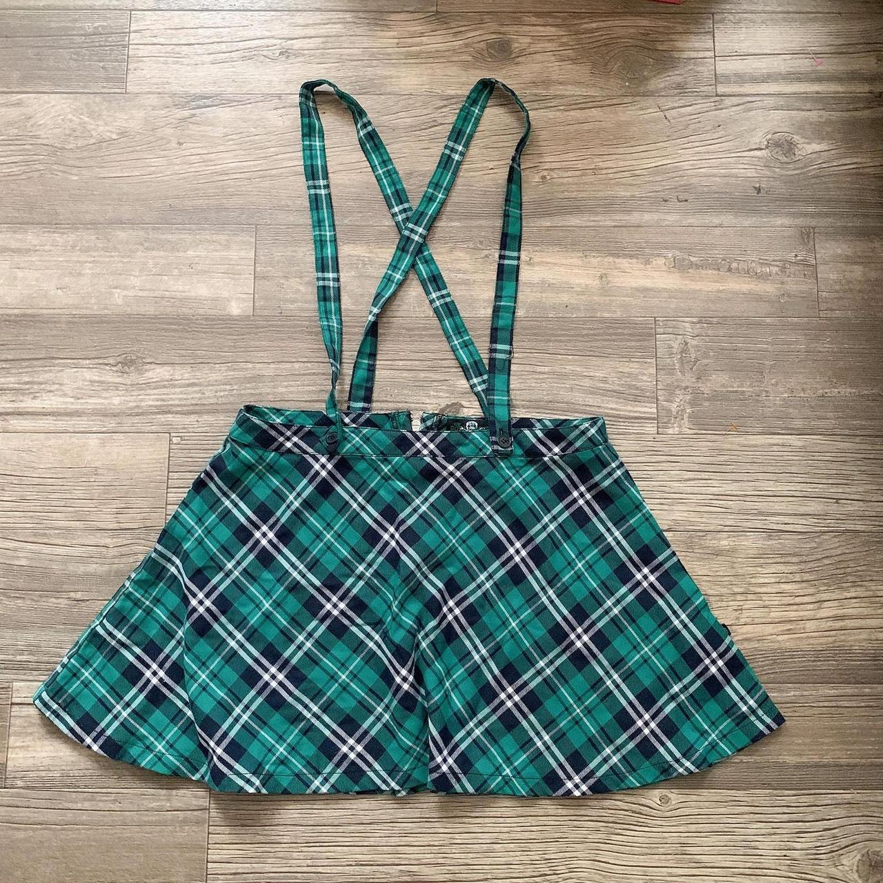 Green plaid skirt with suspenders best sale