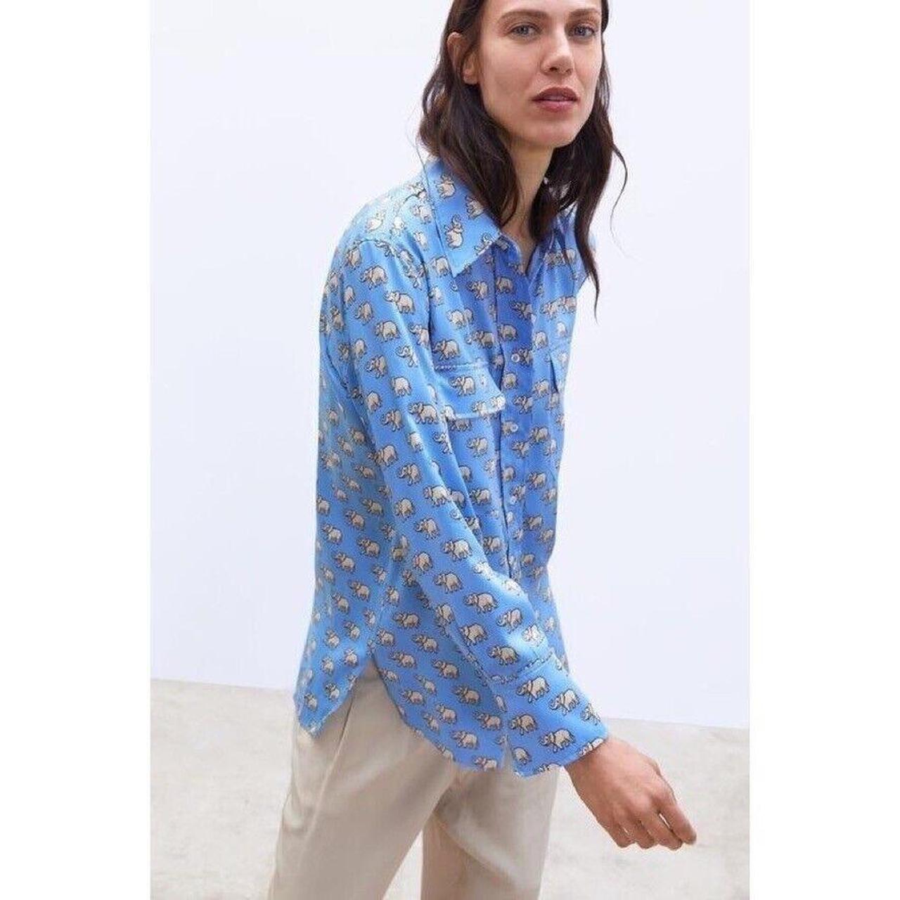 Zara Blue Satin Elephant Long Sleeve Button Down | Depop