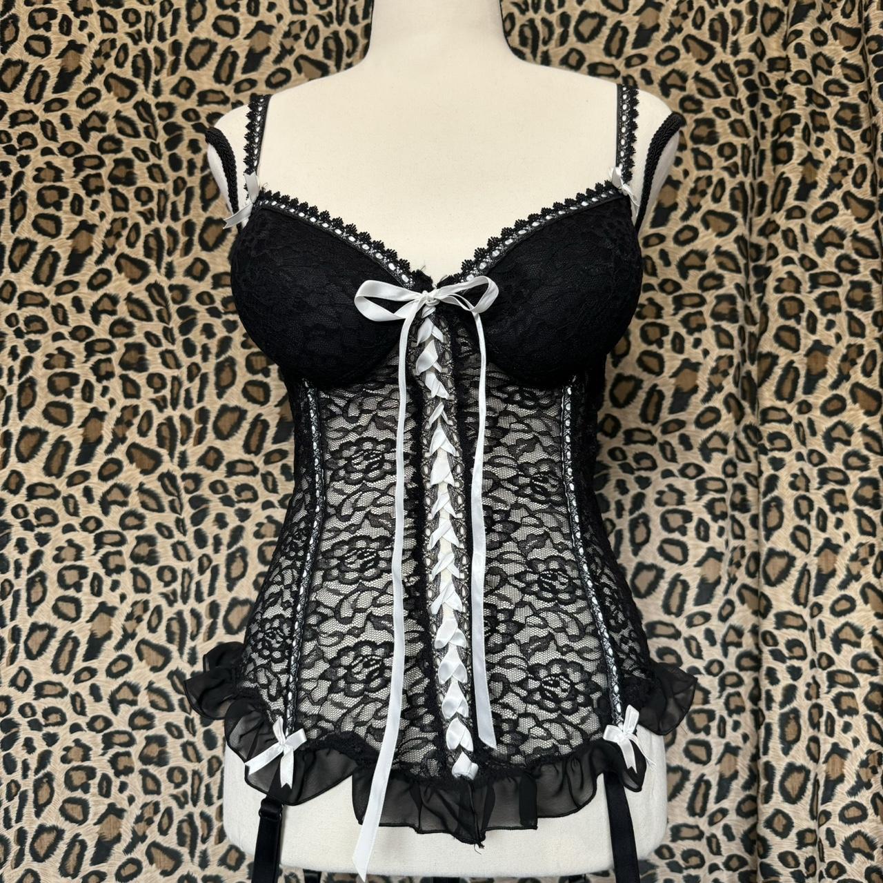 black & white lace with bows corset -size is... - Depop