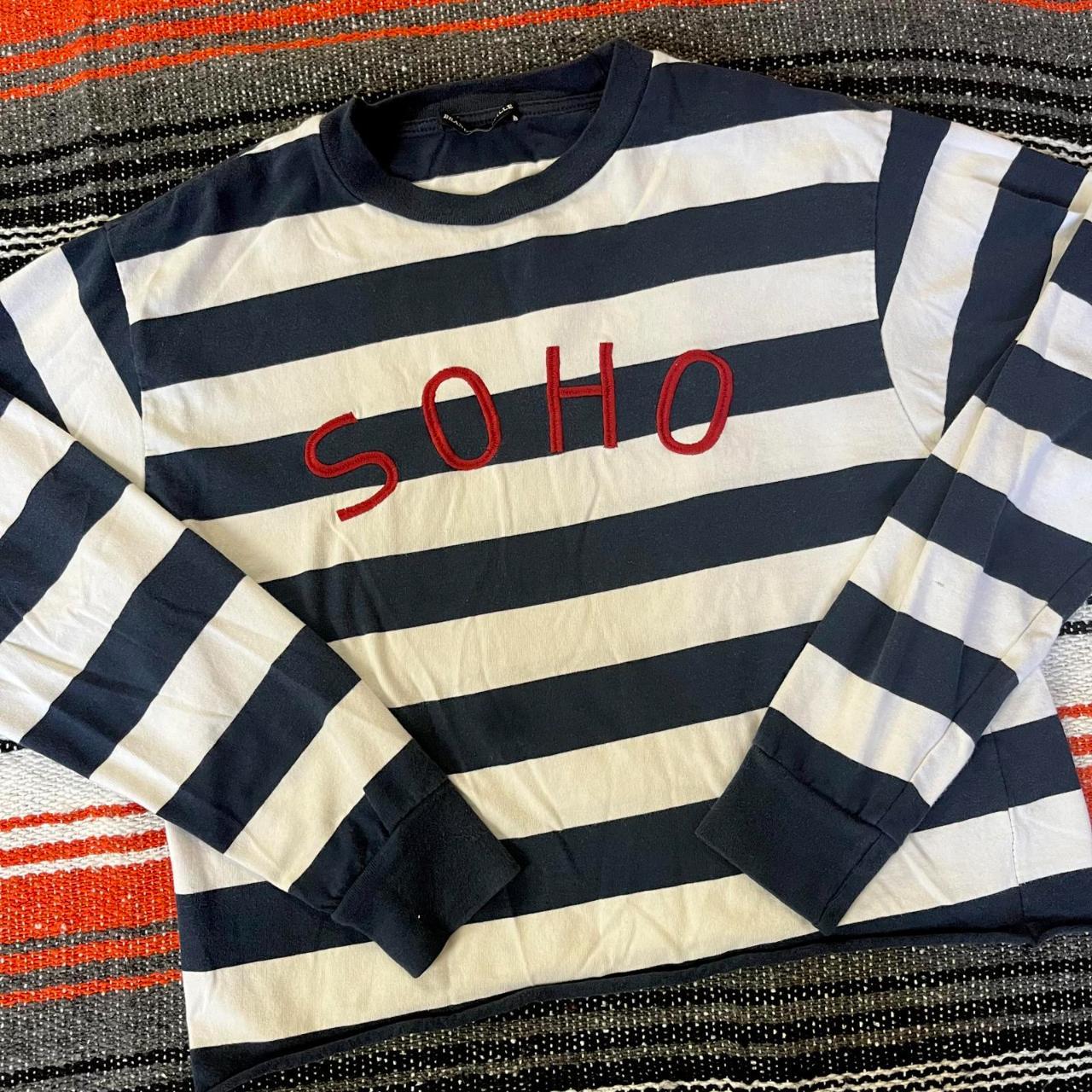 Navy and white striped long sleeve Soho graphic tee - Depop