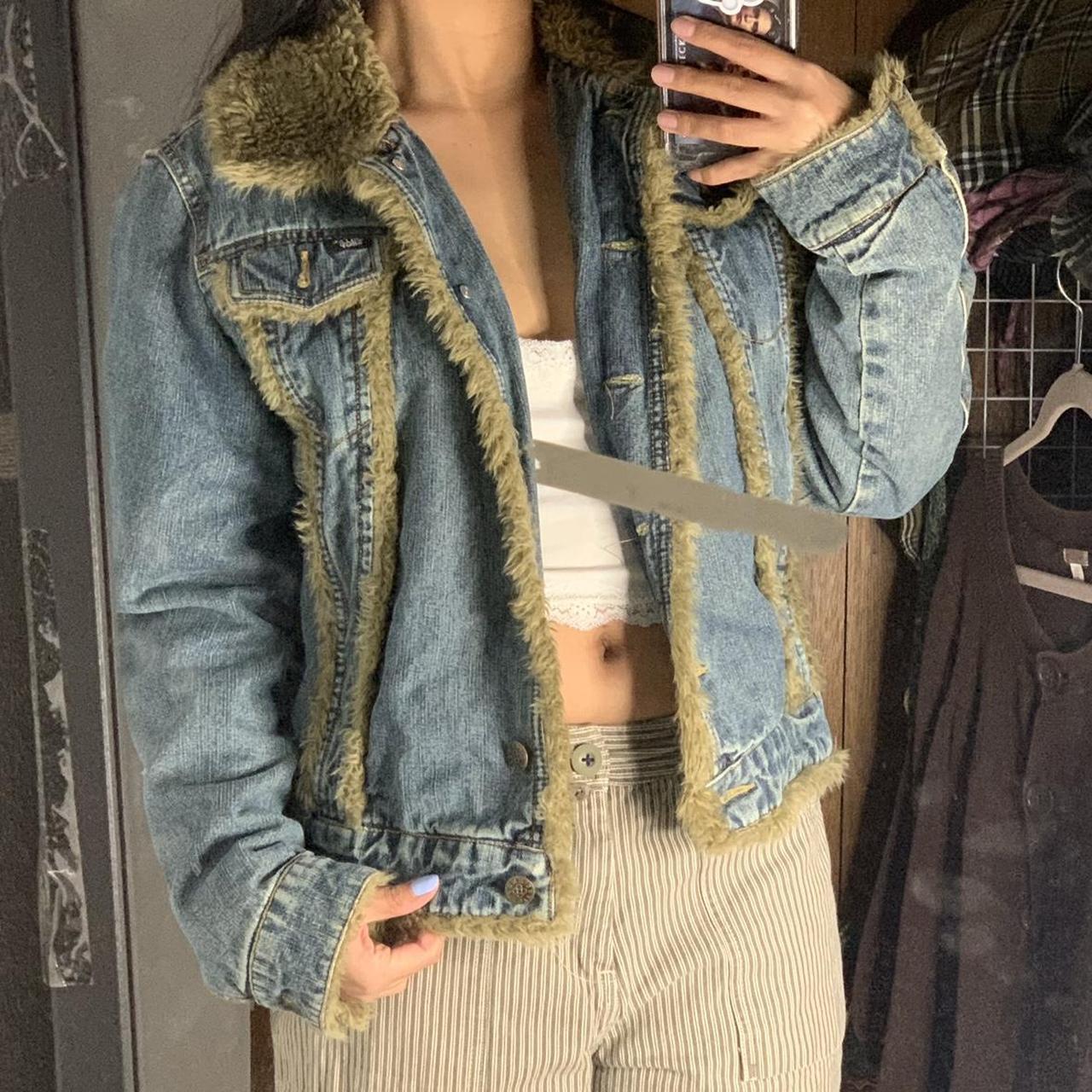 fuzzy denim jacket / coffee shop - **not applicable... - Depop