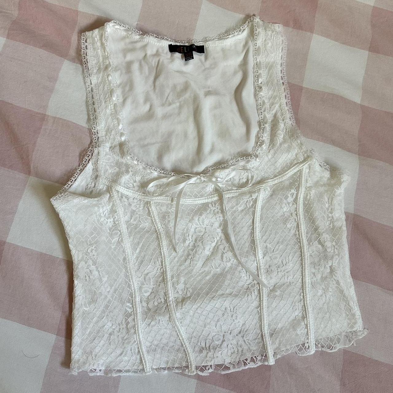 Delias White Lace Cropped Tank Top With Satin Bow - Depop