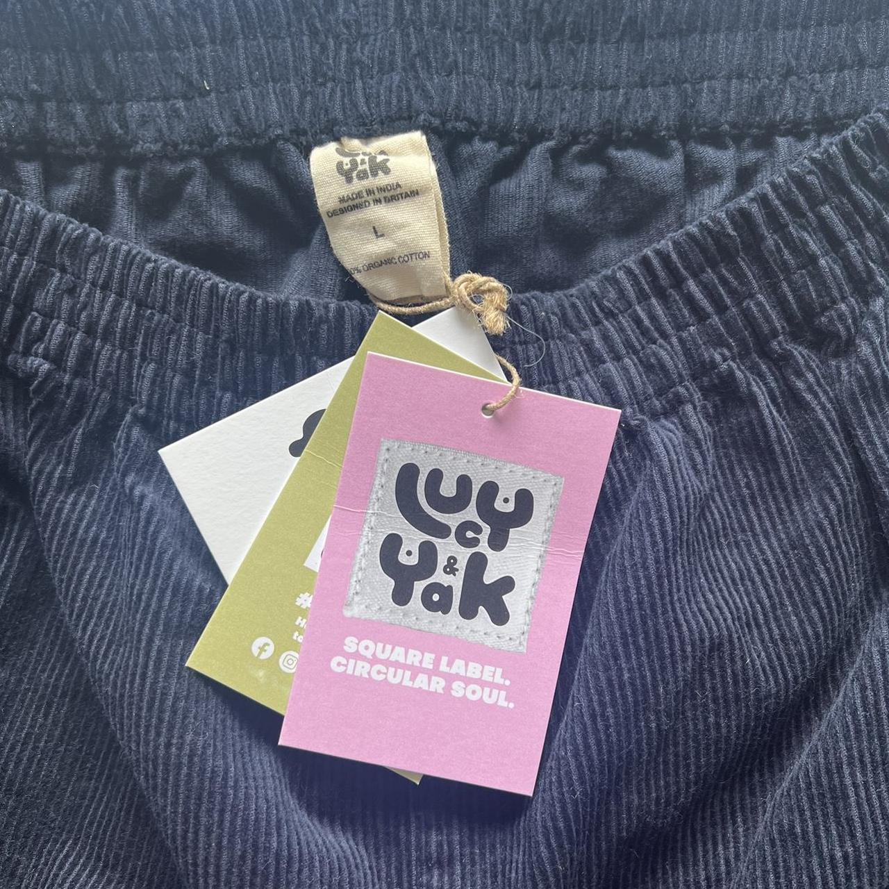 Lucy and Yak Women's Blue and Navy Trousers Depop