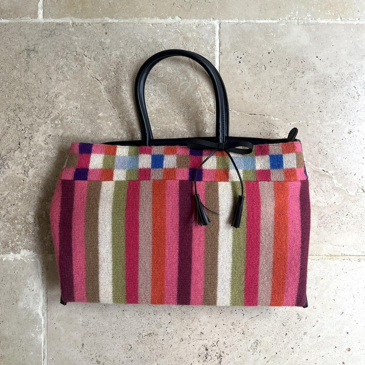 Vintage retro wool colourful bag with leather bow... - Depop