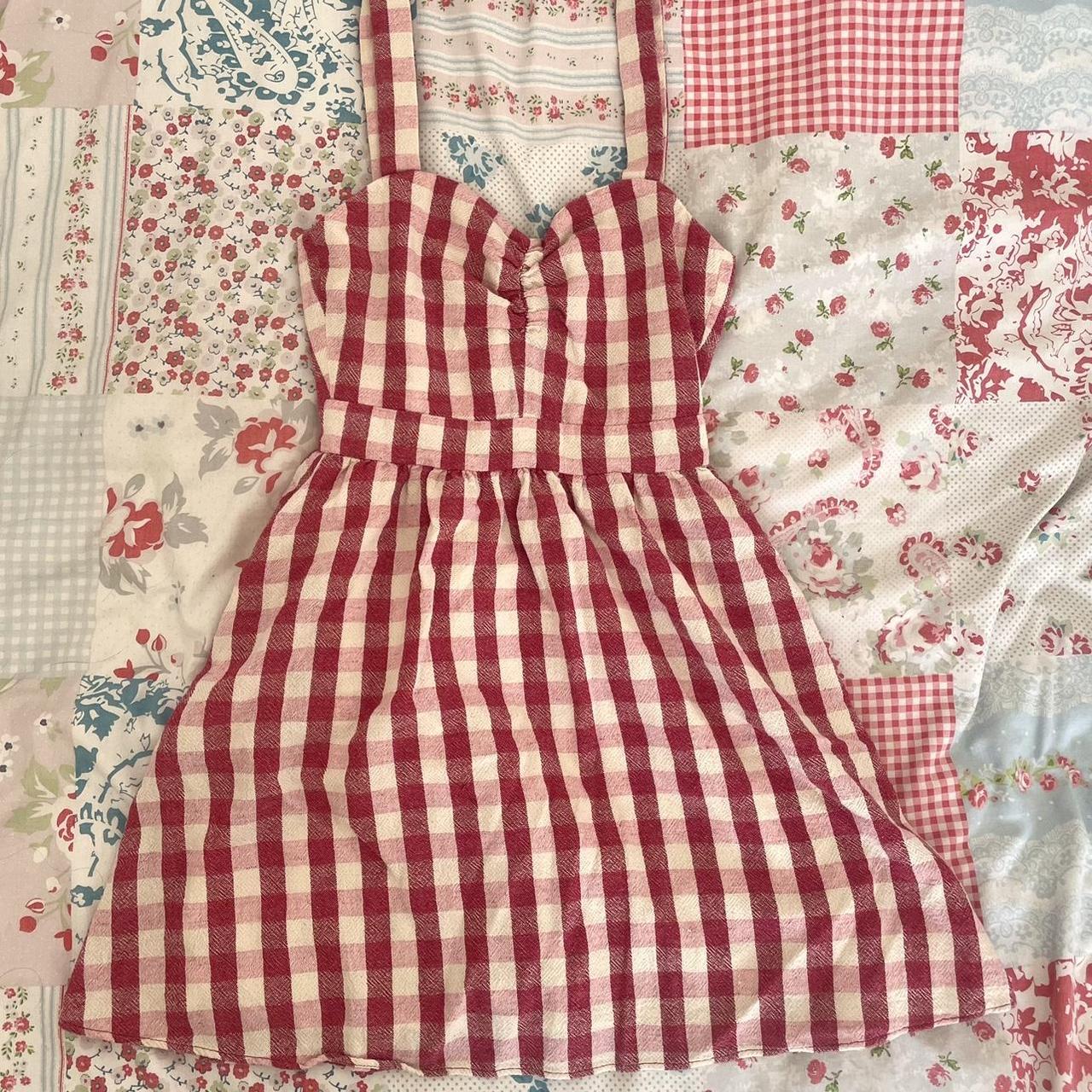 Red / dark pink gingham checked mini dress from... - Depop