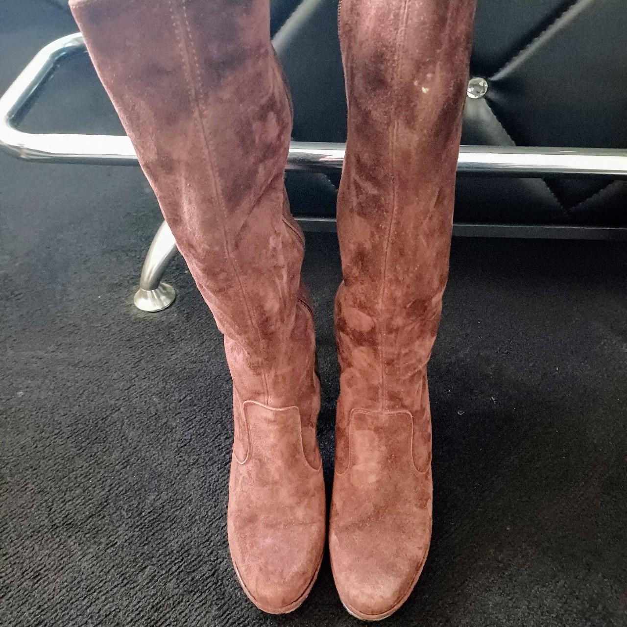 Brown suede knee-high boots with a slight Depop
