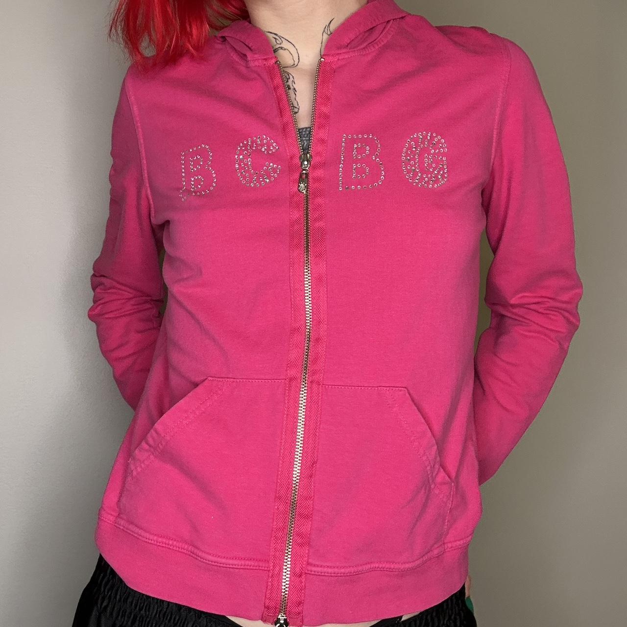 BCBG rhinestone Y2K hot pink zip up track jacket. Depop