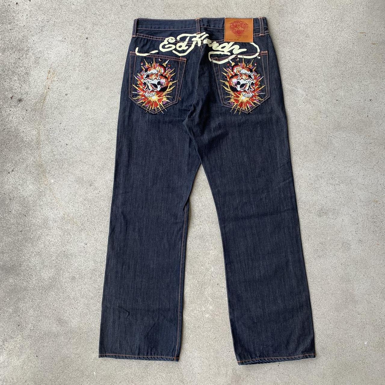 ED hardy Skull jeans Y2K baggy embroidered super... - Depop