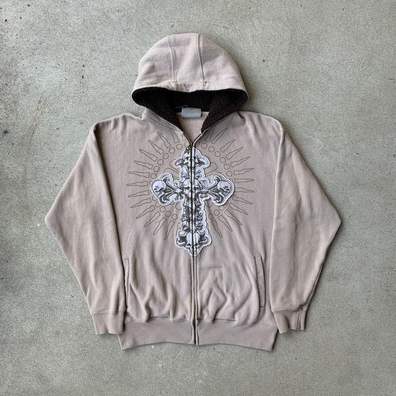 ✮ y2k skull cross hoodie with furry hood lining | Depop
