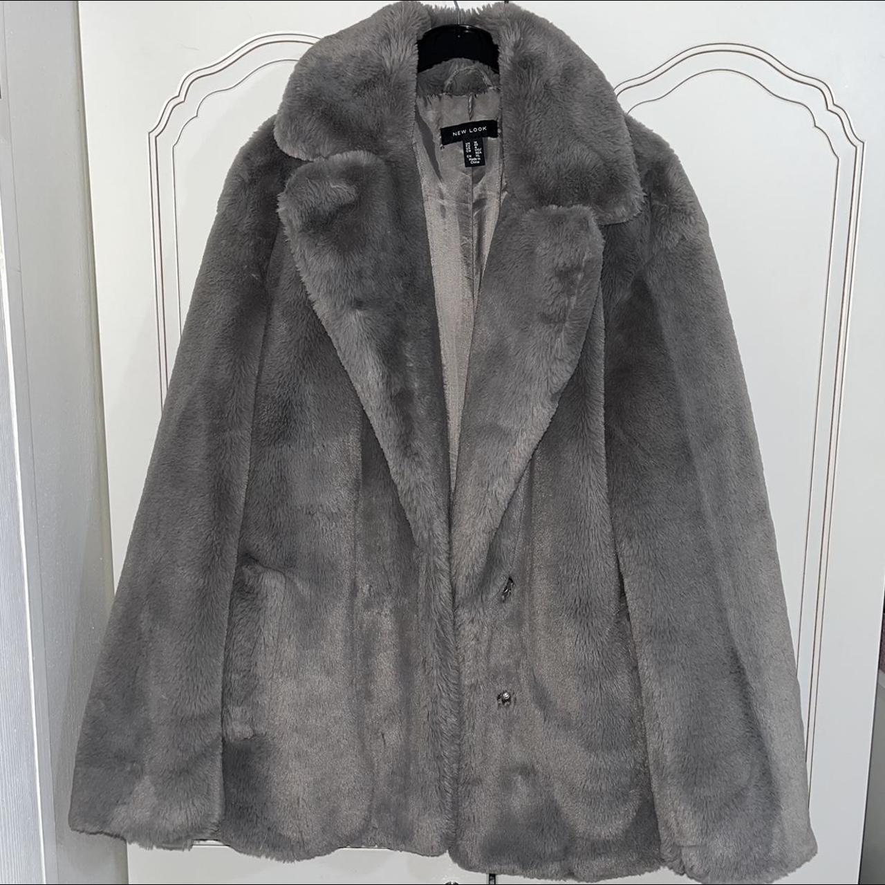 Grey faux fur coat, perfect condition - Depop