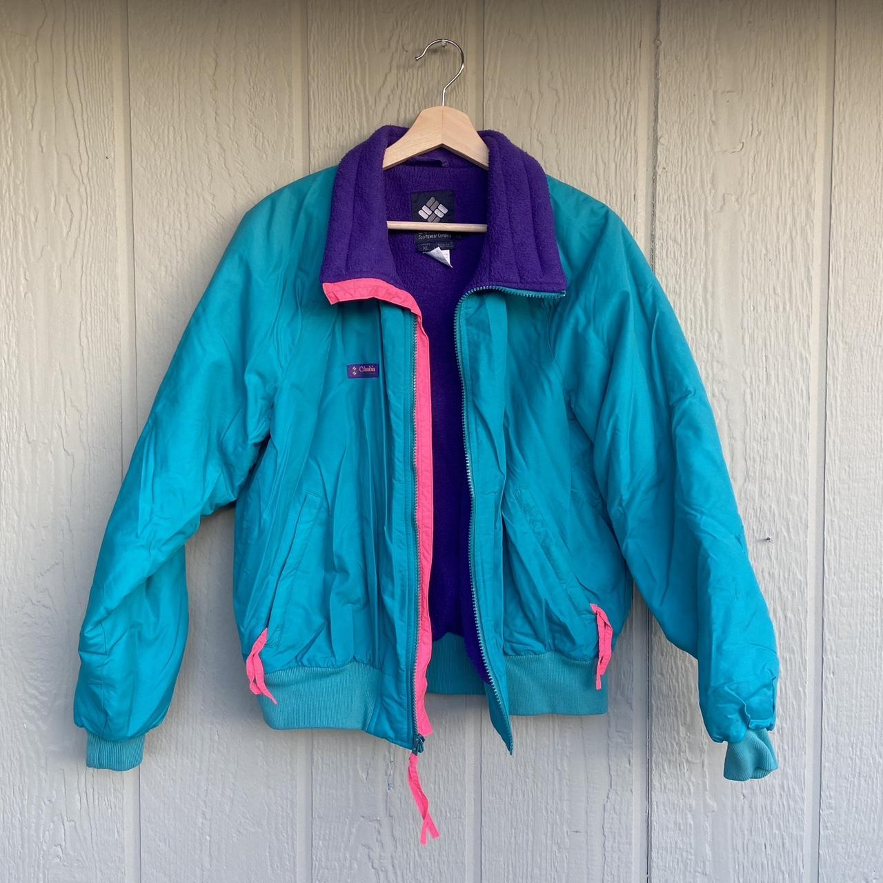 Medium 90s Columbia Teal Fleece Lined Jacket Vintage Radial Sleeve Colorful  Streetwear Bomber Coat 