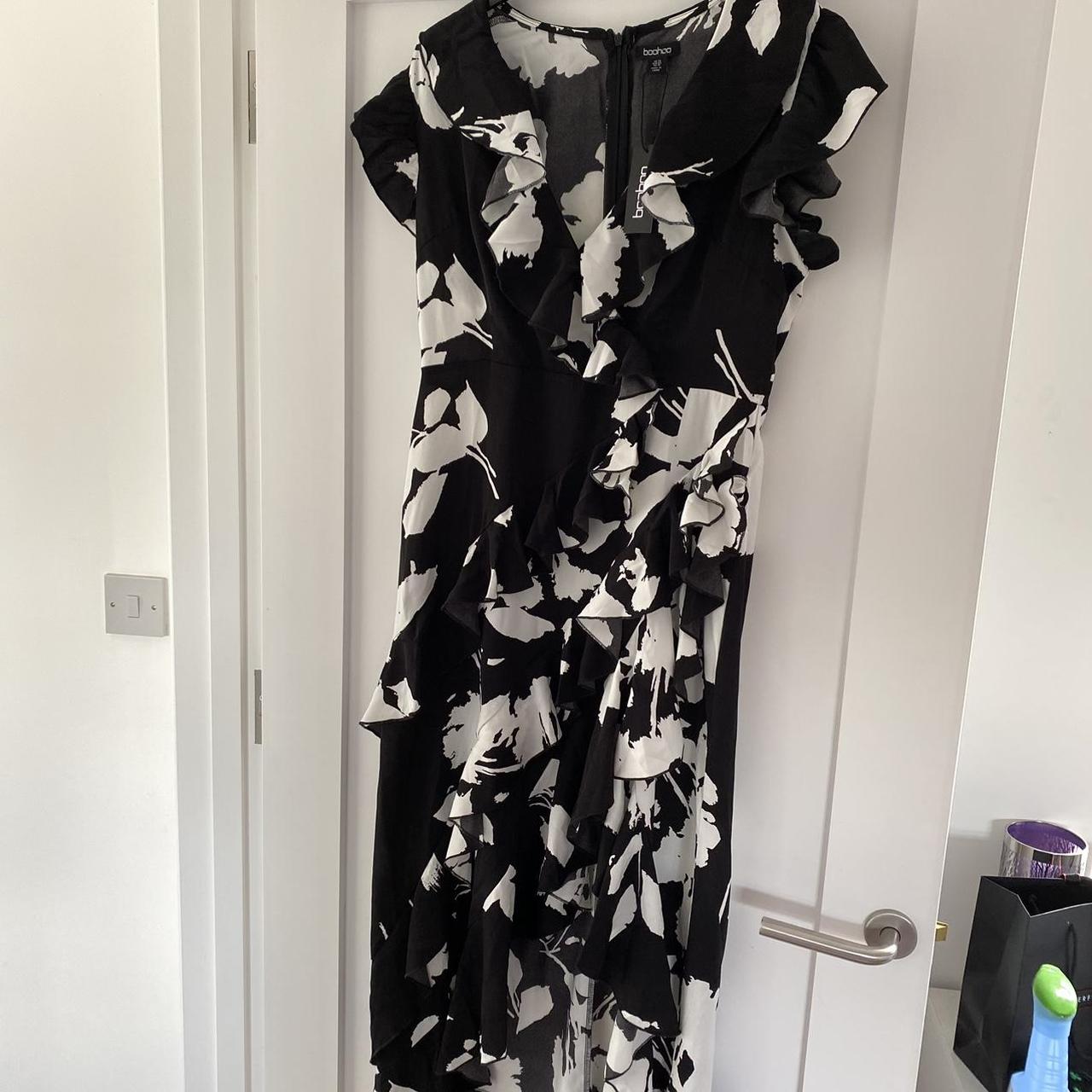 Boohoo Petite Mono Floral Wrap Ruffle Maxi