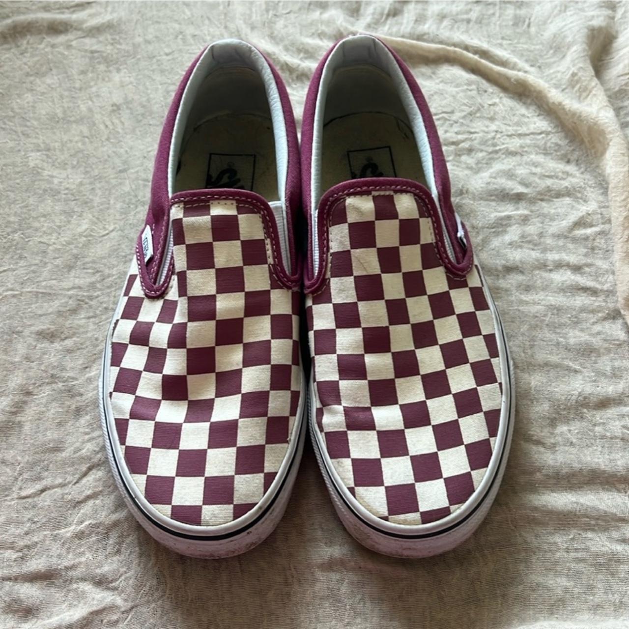 Vans burgundy and white checkered slip on shoes