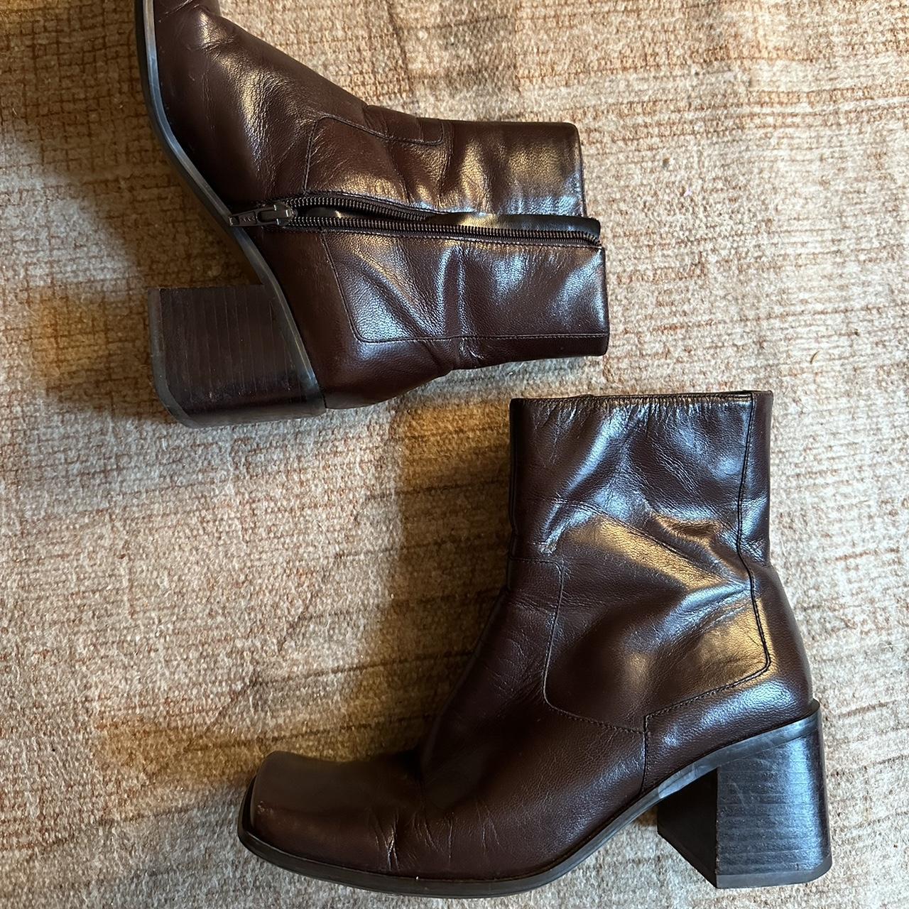 Vintage heeled boots square toe. Leather. Brown... - Depop