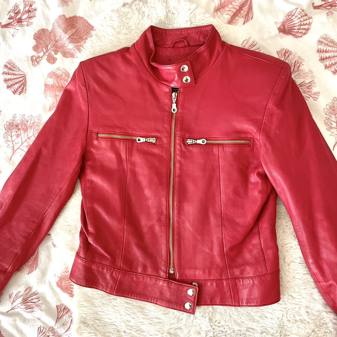 Vintage italian red leather jacket with silver... - Depop