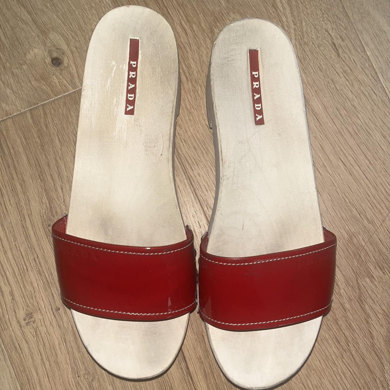 Vintage Prada wooden mule sandals with red patent Depop