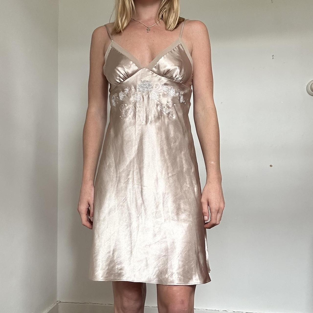 Y2K embroidered champagne slip dress with lace //... Depop