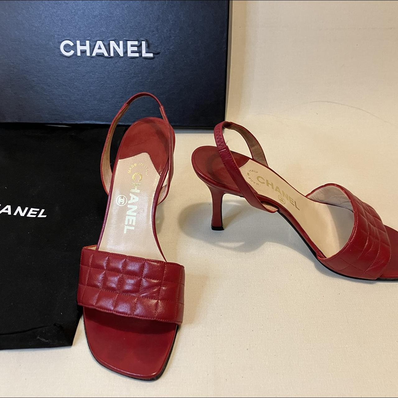 Red quilted Chanel sling back kitten heels Lightly - Depop