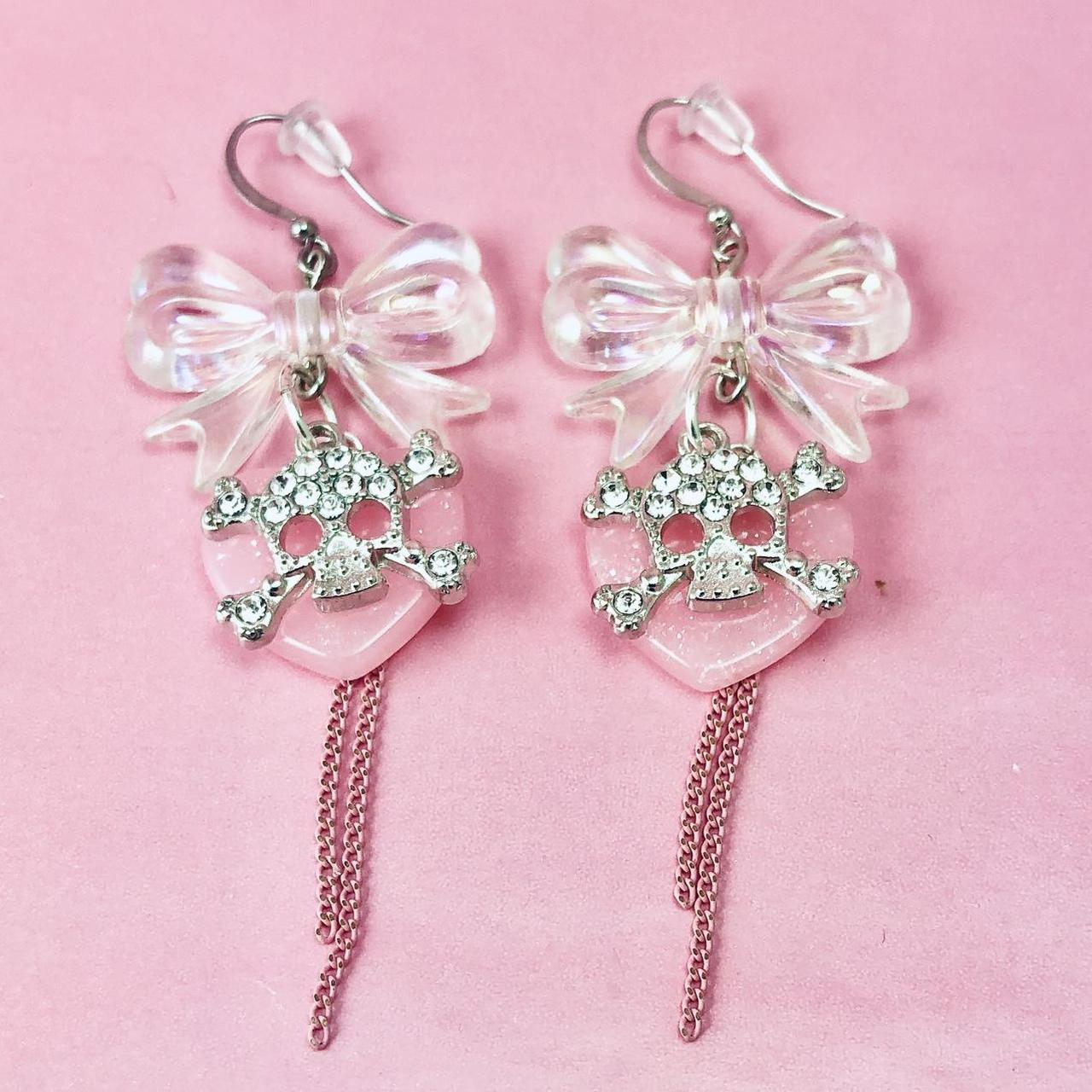 Handmade iridescent bow dangling earrings with... - Depop