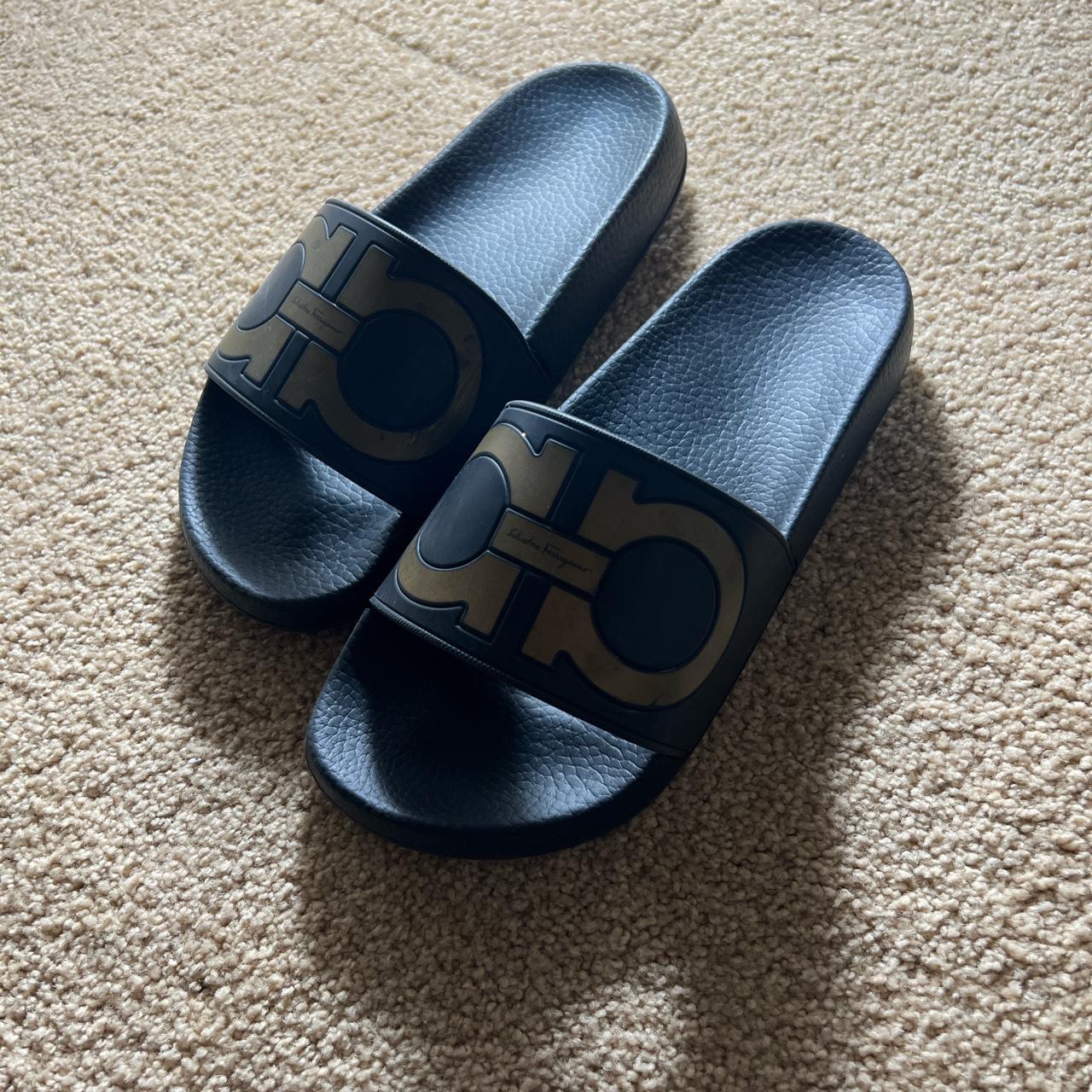 Ferragamo slides hotsell black and gold