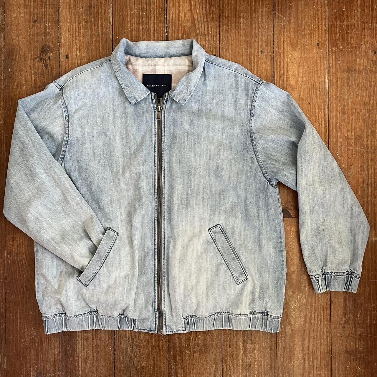 AE light blue denim bomber jacket Plaid lining... Depop