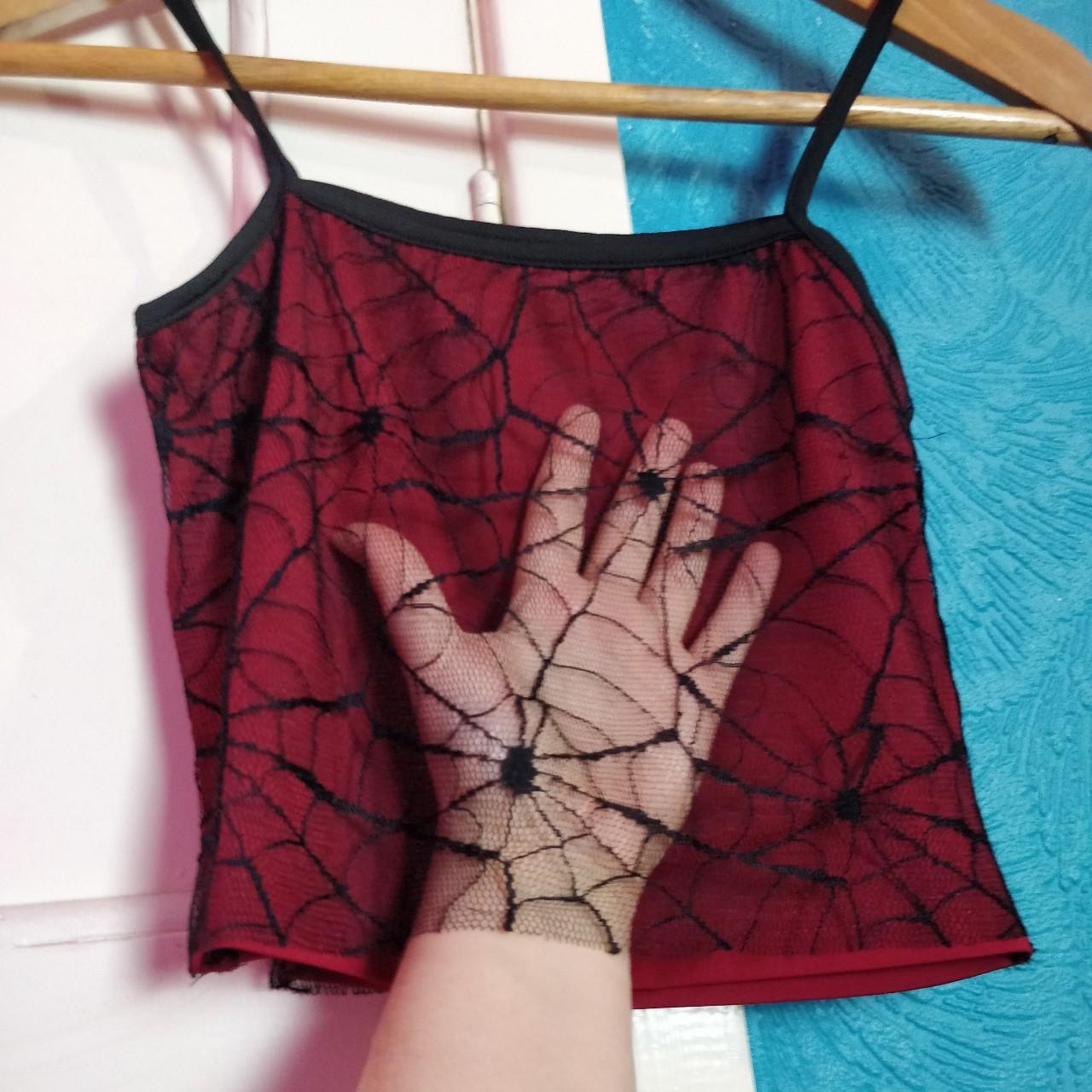 Goth top Burgundy red spiderweb cami Stretch... - Depop