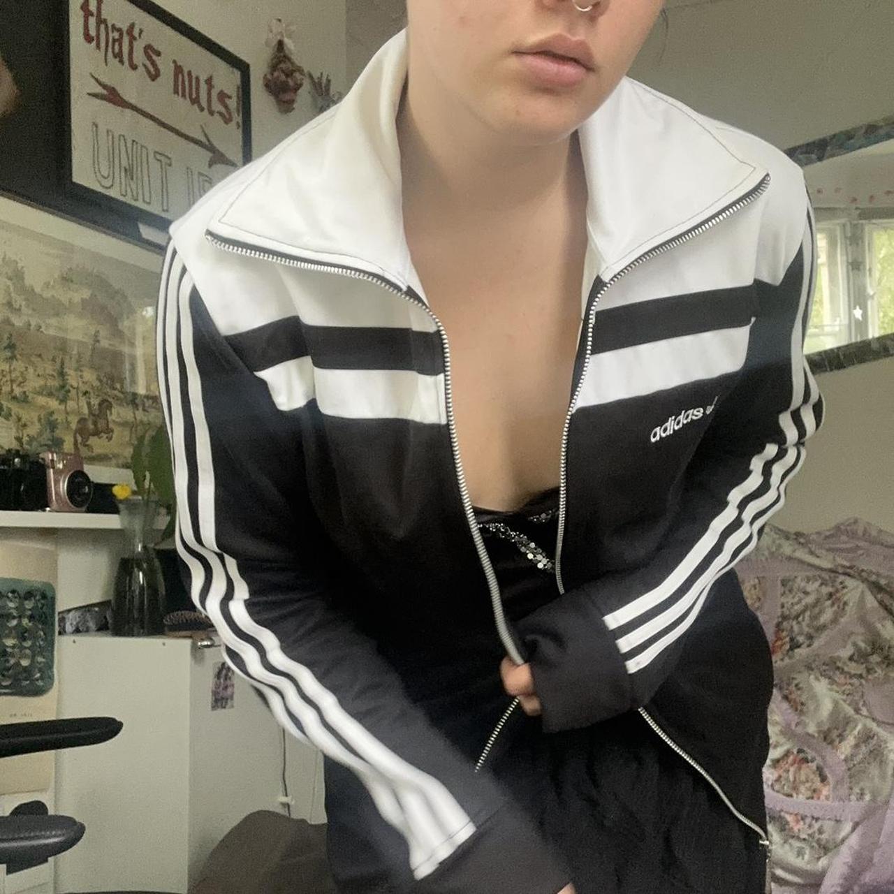 Black and white classic adidas tracksuit jacket with... - Depop