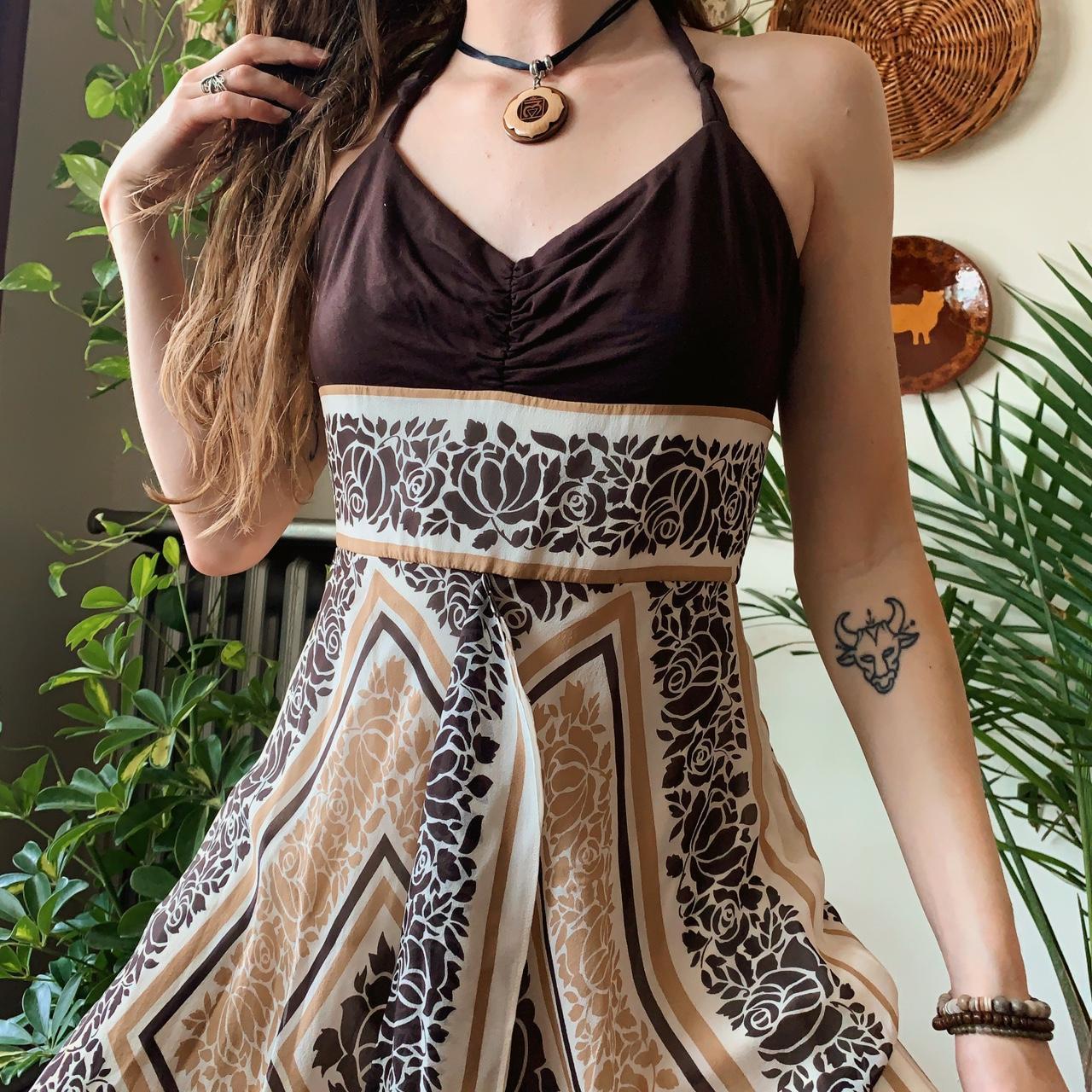 Brown Floral Print Flowy Aline Halter Dress Depop