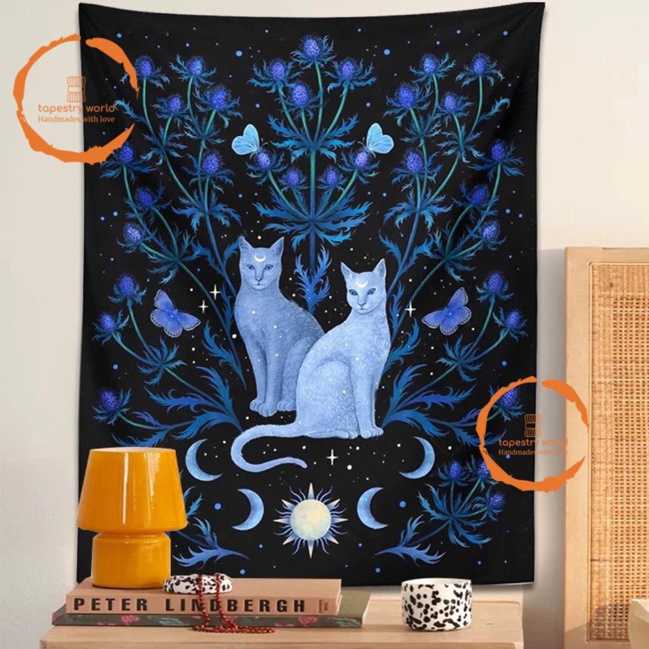 Beautiful Colorful Cat Night Moon Cat Tapestry Wall... - Depop