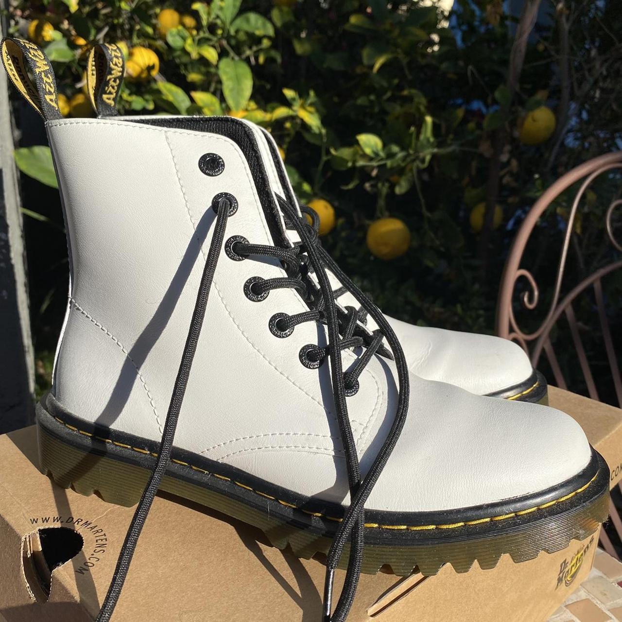 Black and denim shirt with white Dr Martens ~ Luanna  White boots outfit,  White combat boots, White dr martens