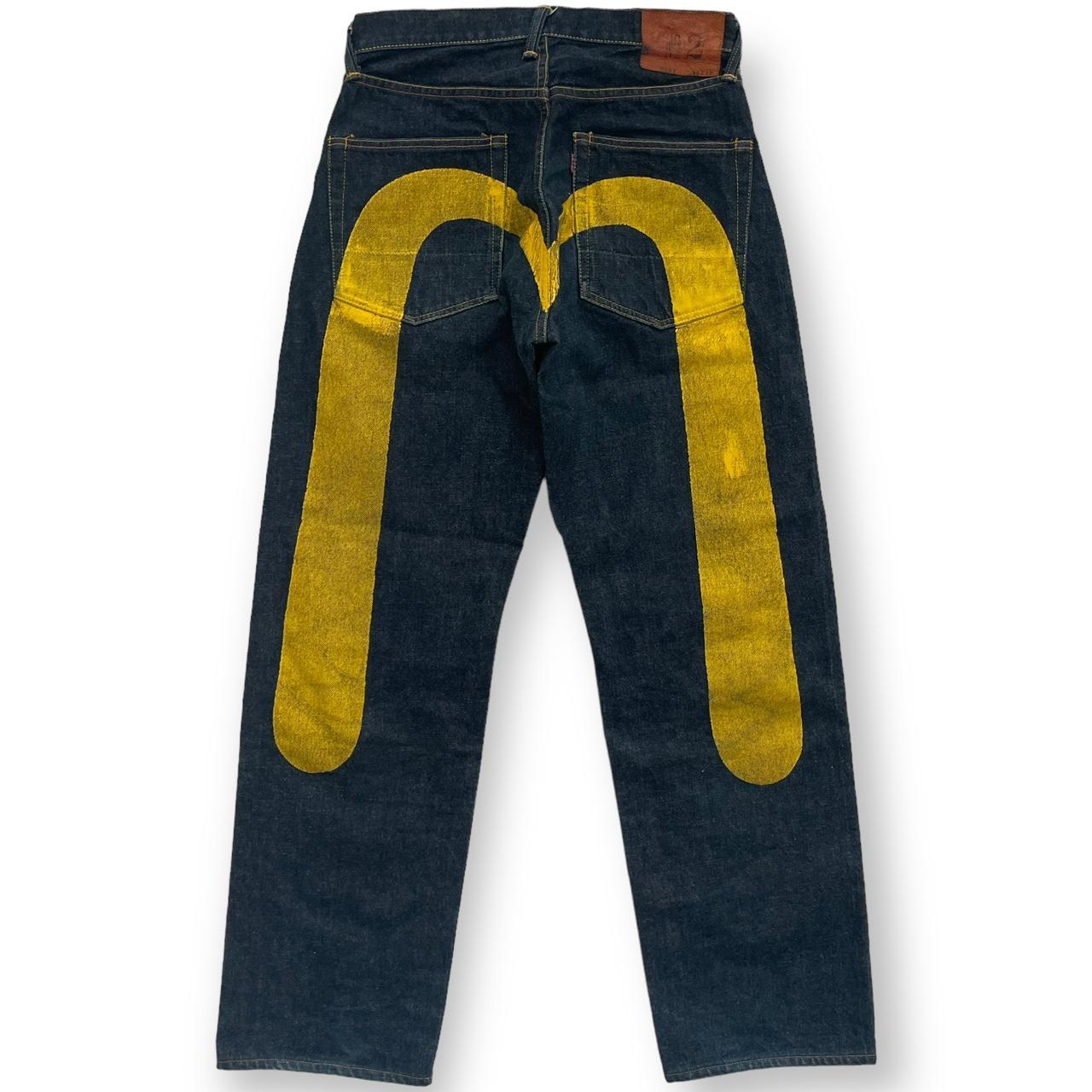 Evisu Men's Navy and Yellow Jeans | Depop