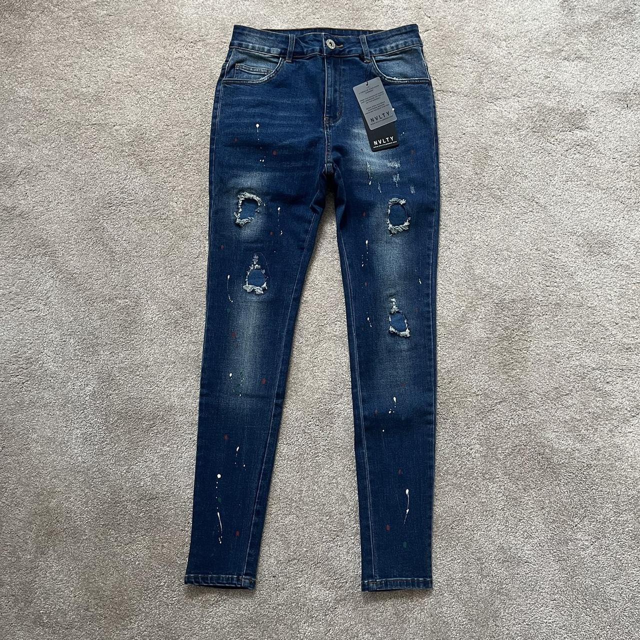 NVLTY Paint Splatter Skinny Jeans in Navy Size... - Depop