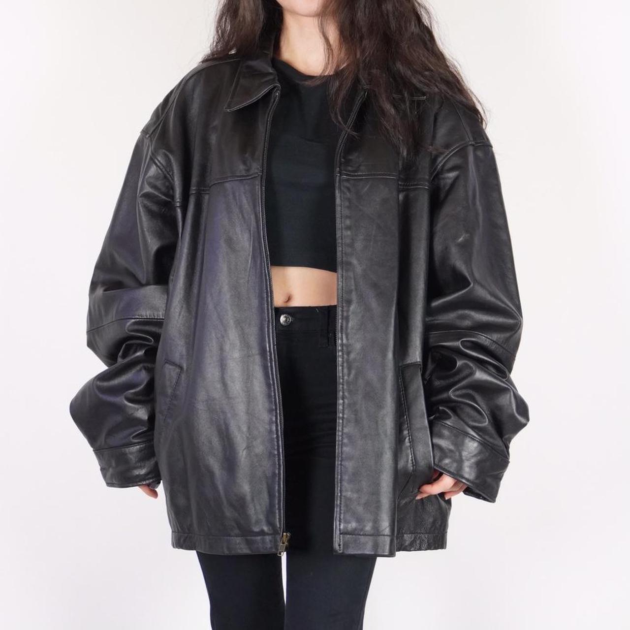 vintage 90s black leather bomber jacket Brand: tag... - Depop